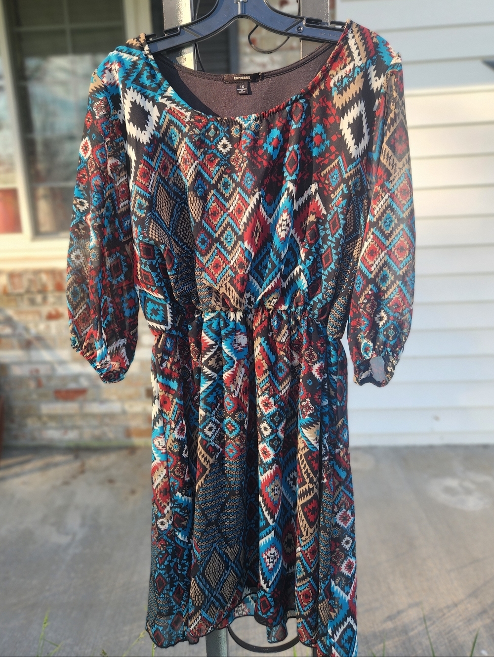 Espresso AZTEC Southwestern Flowing Dress VIBRANT COLORS 1X - Picture 6 of 9